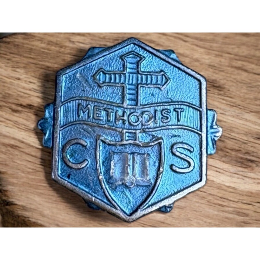 Vintage Methodist‎ Church School Pin 3/4" Shield Cross Bible